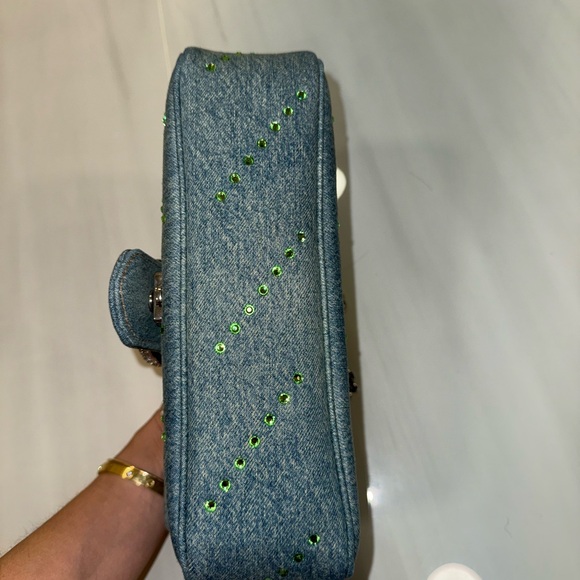 Gucci Denim Crystal Applique Small GG Marmont Shoulder Bag Blue - Picture 4 of 7